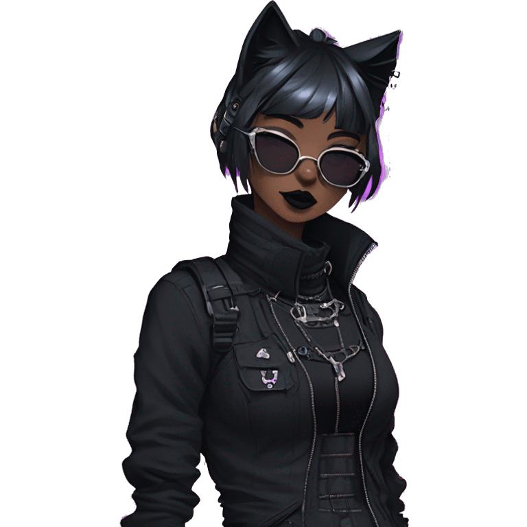 Gorgeous gothic dark techwear cyberpunk anime style sona anthro cat, aesthetic, and pretty edgy black with collar and harness, trending style emoji