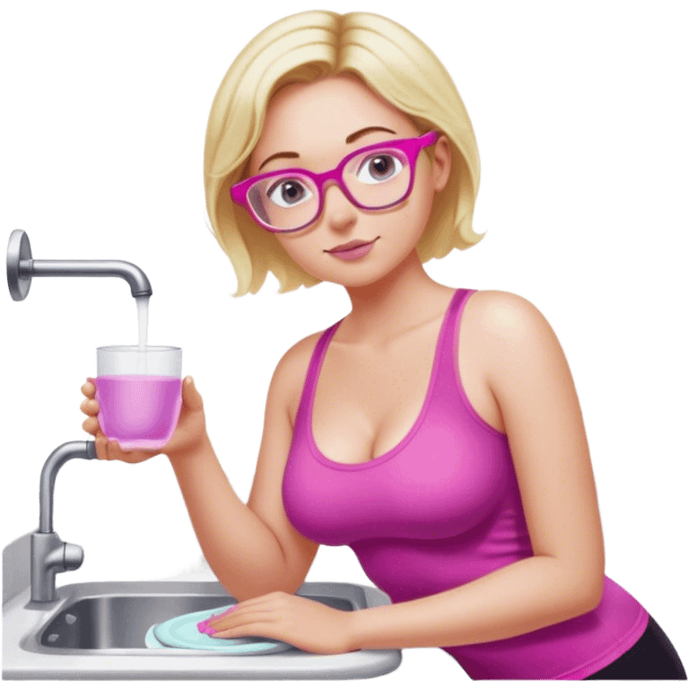 Curvy fair and freckled skinned woman, short blond hair, small light purple reading glasses, washing dishes, short flowing sheer hot pink tank top, without undergarments SFW, black yoga pants, thick booty emoji