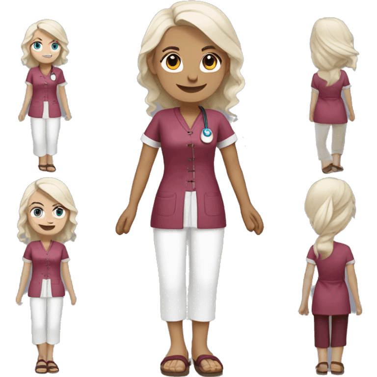 Nurse with tied platinum blonde hair, blue eyes, burgundy coloured tunic, white pants, pink closed Birkenstocks emoji