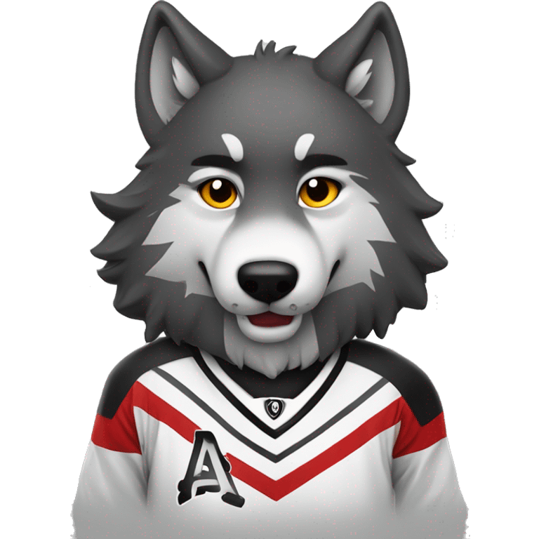 A wolf plays hockey in a black and white red uniform with a wolf emblem on his chest emoji