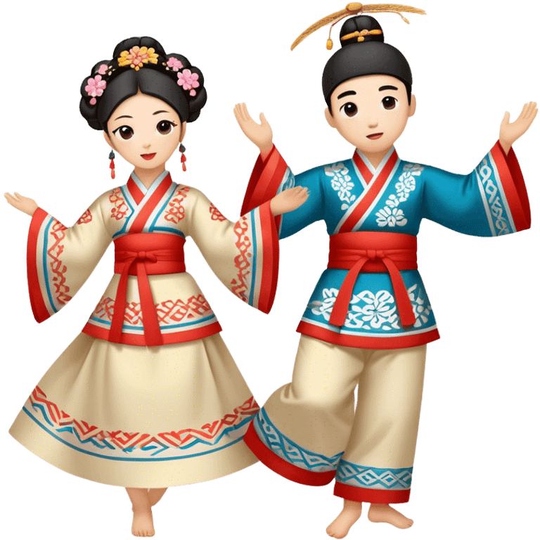 Cinematic Realistic scene of two performers engaging in Ganggangsullae, dressed in traditional Korean costumes with intricate patterns and graceful movements, illuminated by soft, festive lighting that accentuates the cultural ambiance emoji