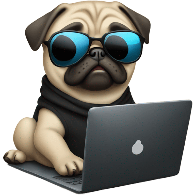 Pug wearing a black hoodie and using a laptop and wearing sunglasses emoji