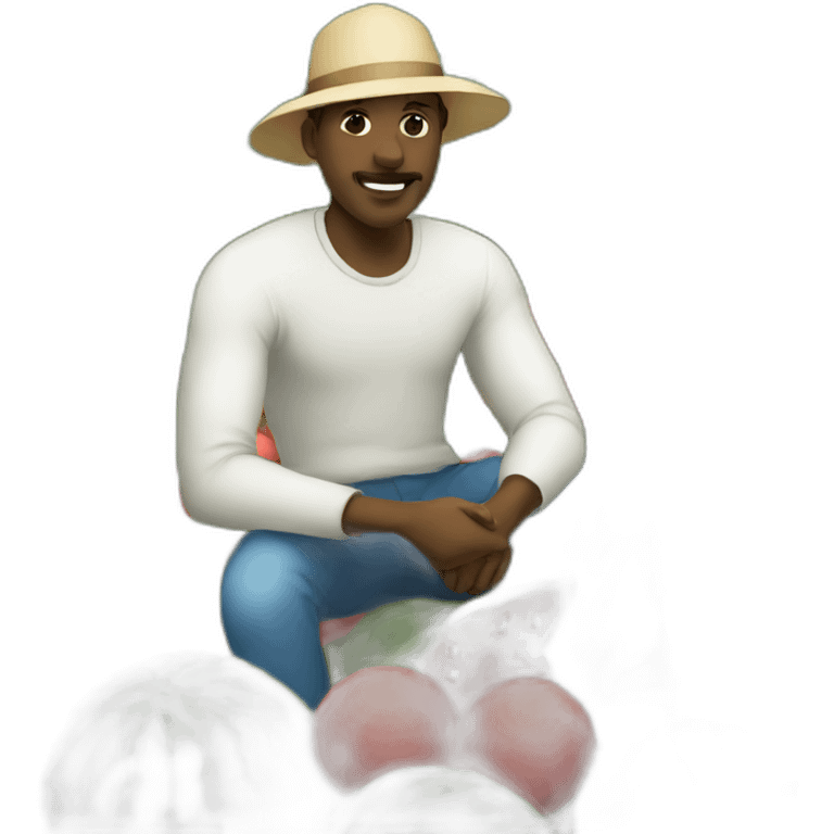 Black man in a coton field with watermelon and a basketball ball emoji