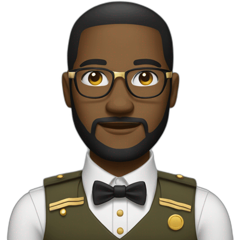 black soldier with beard, part in black hair, white collared shirt, bow tie, gold frame glasses, bulletproof vest  emoji