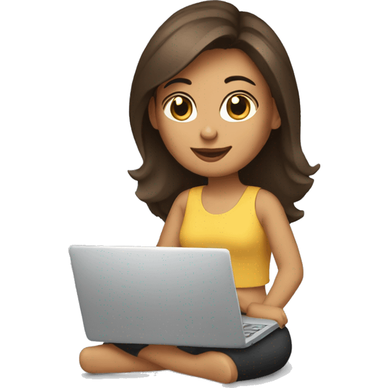 a young brunette woman sitting cross-legged with her laptop on her lap emoji