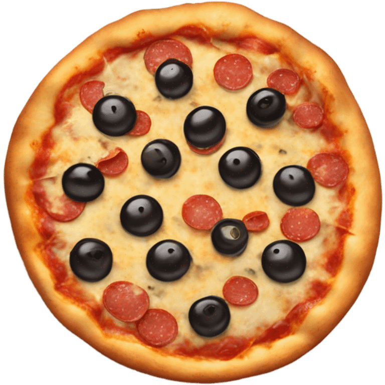 Pizza with black olive slices and pepperonis emoji