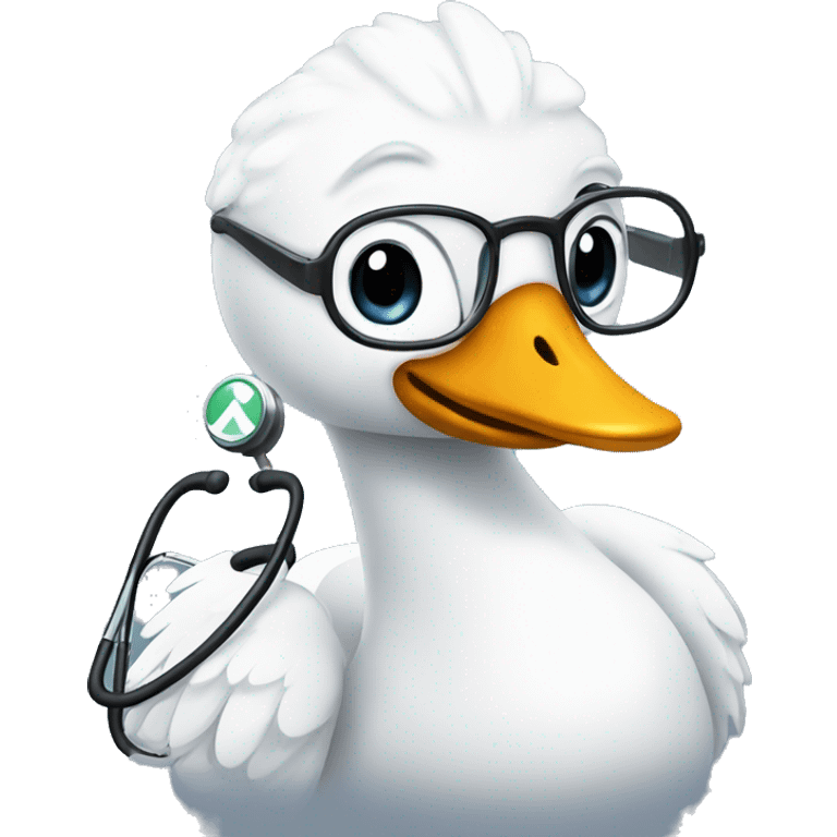 an adult swan with wings dressed as a clinician with glasses and a stethoscope emoji