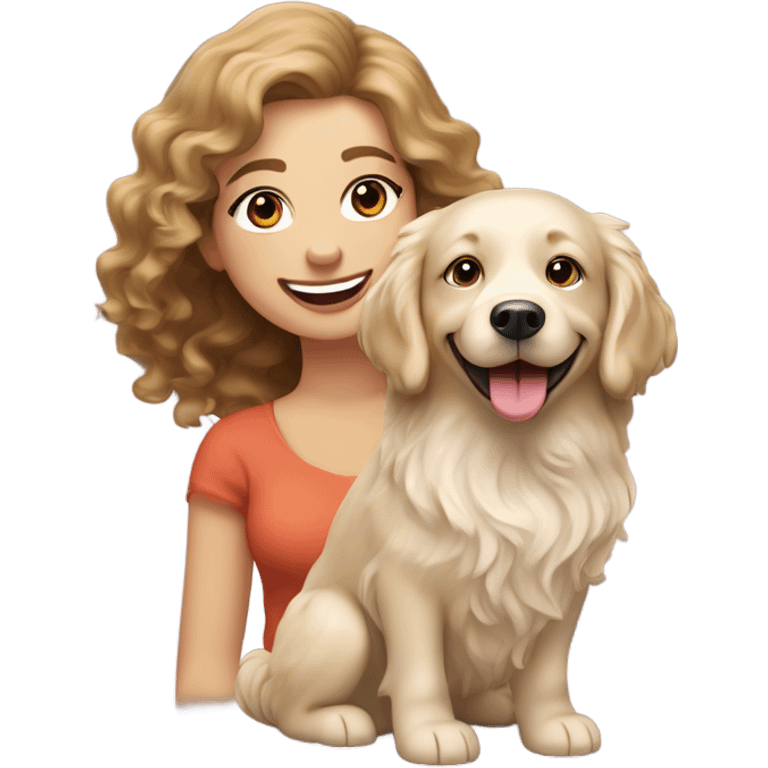 bouncy blow dry brown haired woman and her English cream golden retriever curly haired dog smiling emoji