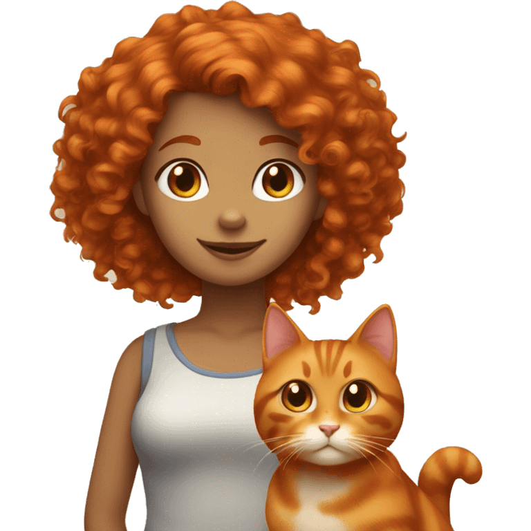 Curly Red haired girl with brown and orange cat with big tail emoji