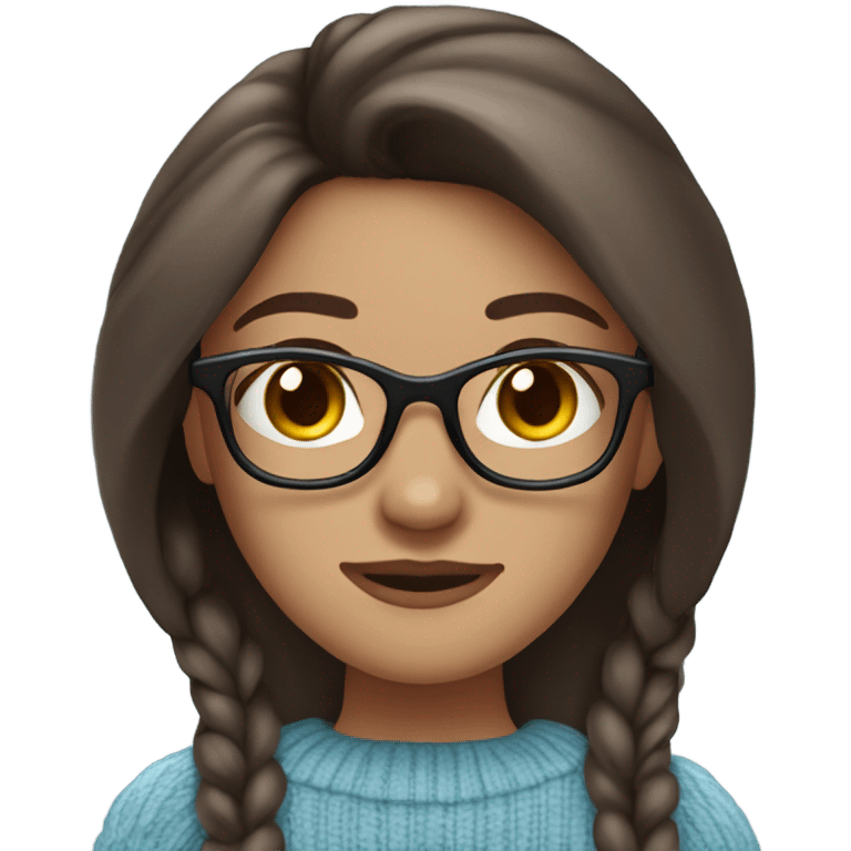 woman, white light skin, long straight dark brown hair, light blue eyes, dark red sweater, glasses, emoji