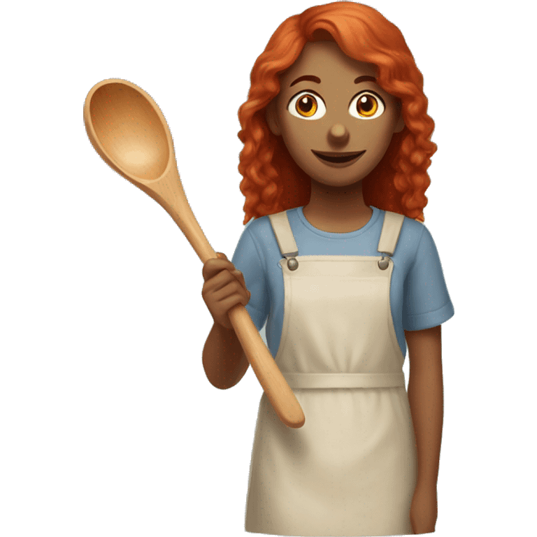 young red head woman holding 2 meter long wooden spoon emoji