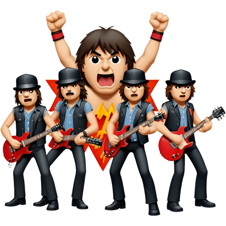 Cinematic Realistic AC/DC Band Emoji, depicted as a high-energy rock ensemble with electrifying stage presence and gritty textures, rendered with bold vibrant lighting that captures the raw power and rebellious spirit of their music. emoji