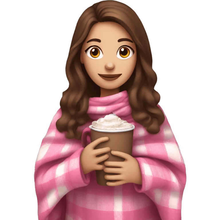 Brown haired girl in a pink checkered blanket holding a hot chocolate  emoji