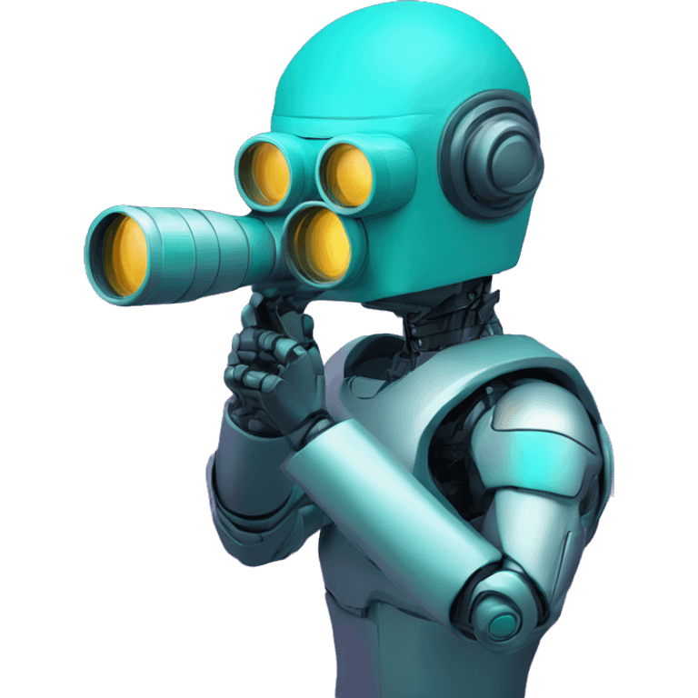 Secret half man half robot agent with a spyglass looking reviewing multicolor lines of code, cyan and purple colors emoji