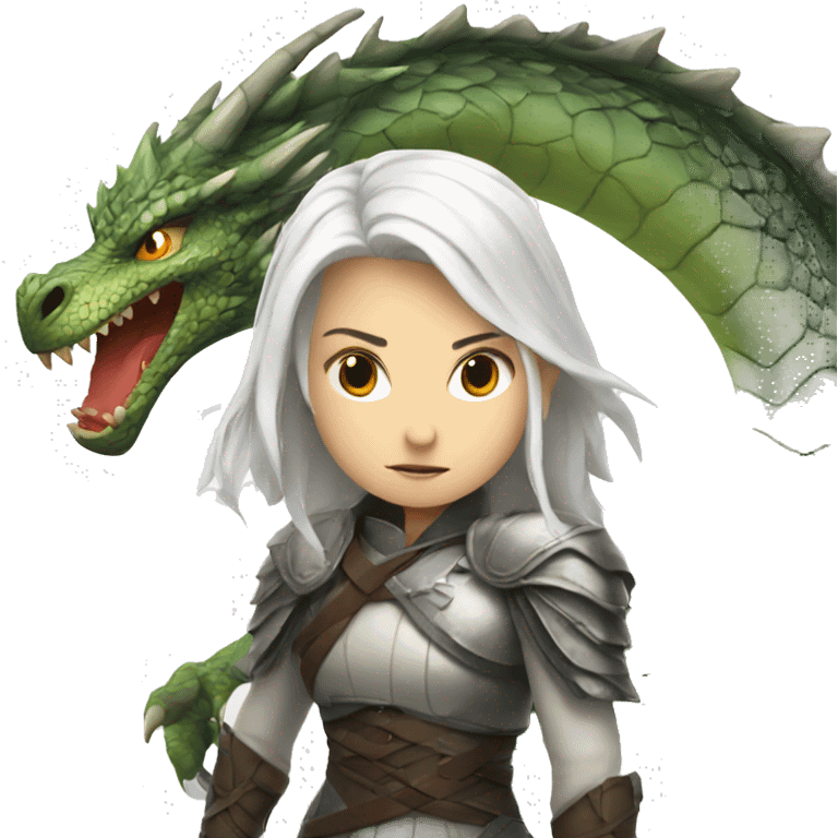 a girl with white hair fighting a dragon emoji