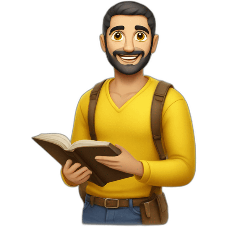 Armenian men with the yellow clothes reading book and looking at camera and smiling  emoji