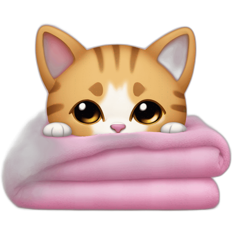 Chaton qui dort avec une couverture et un doudou emoji