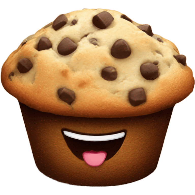 chocolate chip muffin sitting on the beach smiling emoji