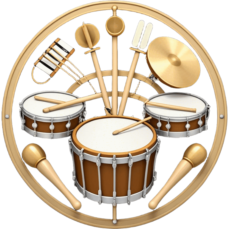 Create a complex, festive, and professional emblem-like emoji representing percussion instruments. The design should resemble a heraldic crest, featuring iconic drums and percussion such as a snare drum, bass drum, timpani, cymbals, marimba, and tambourine, arranged in a balanced and symmetrical composition. Drumsticks should cross elegantly at the center, symbolizing rhythm and energy. A flowing ribbon of musical notes should weave dynamically around the instruments, enhancing the celebratory and grand aesthetic. Ornate elements such as laurel wreaths, swirls, or subtle engravings should emphasize the prestige and importance of percussion in music. The color palette should include rich gold, deep mahogany, and silver, with refined highlights and shading for a polished, three-dimensional effect. The overall composition should be harmoniously structured, visually complete, and suitable as a standalone emblem. The background should be transparent. emoji