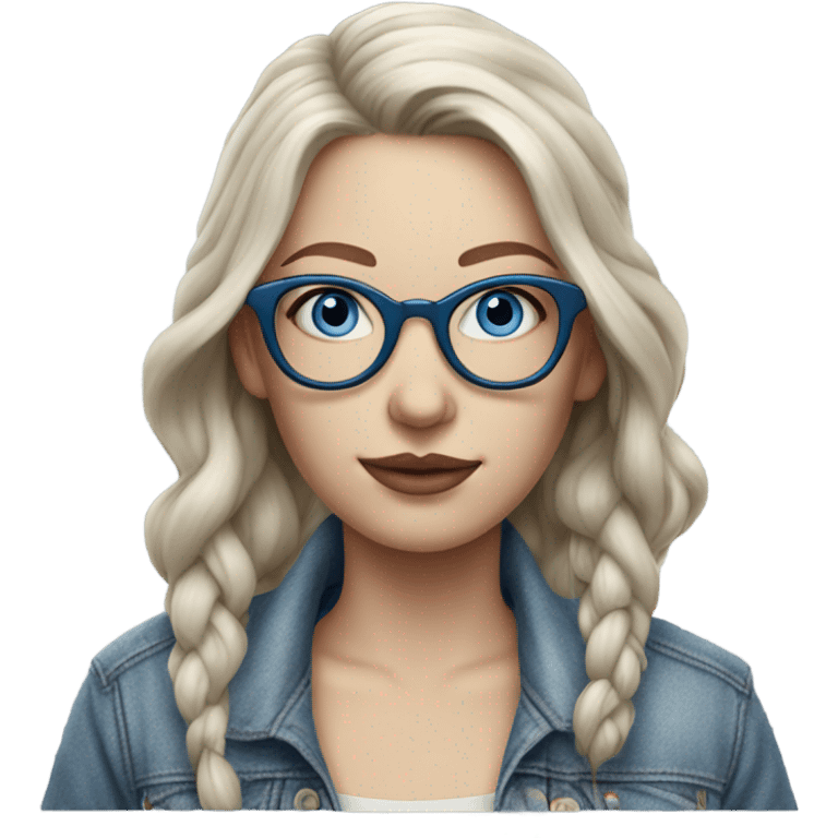 Hyper Realistic pale beautiful tattooed 3D woman with glasses and blue eyes wearing denim jacket emoji