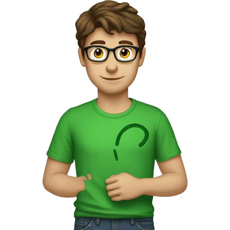 male nerd brown hair heart with hand using green t-shirt emoji