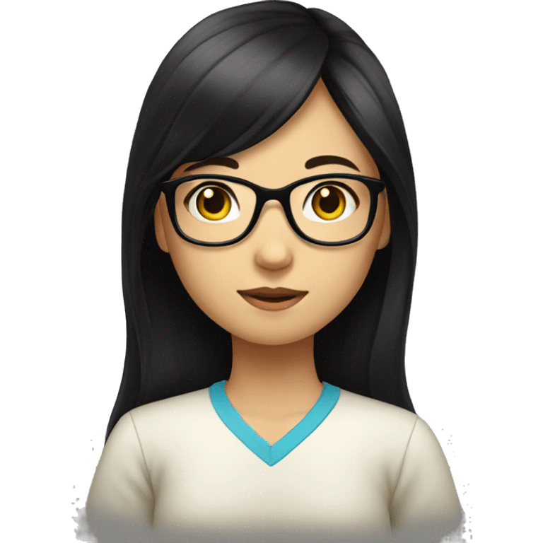 Asian girl with long black hair and glasses studying emoji