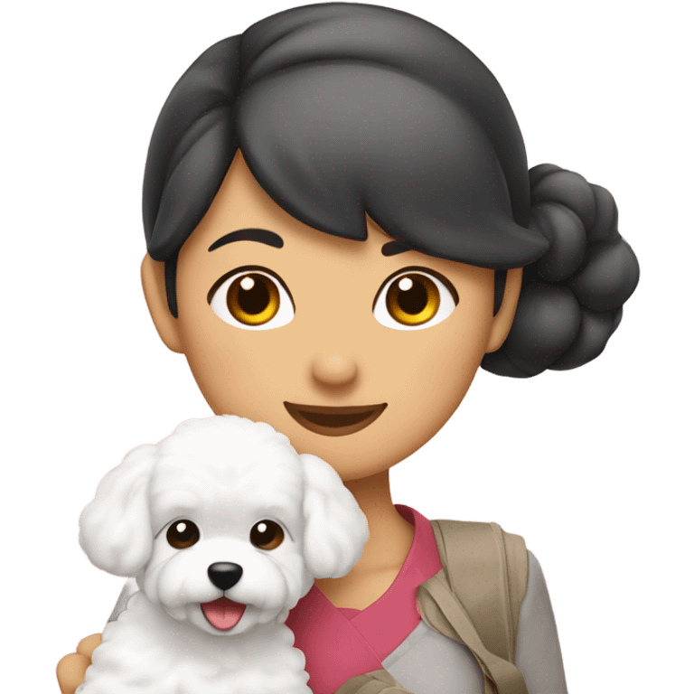 Hair-in-a-bun traveling Asian woman carrying a happy, cute and rounded bichon frise emoji