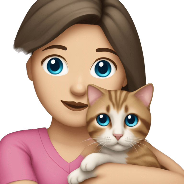 White woman with blue eyes and long dark hair wearing a pink shirt and holding a tabby cat emoji