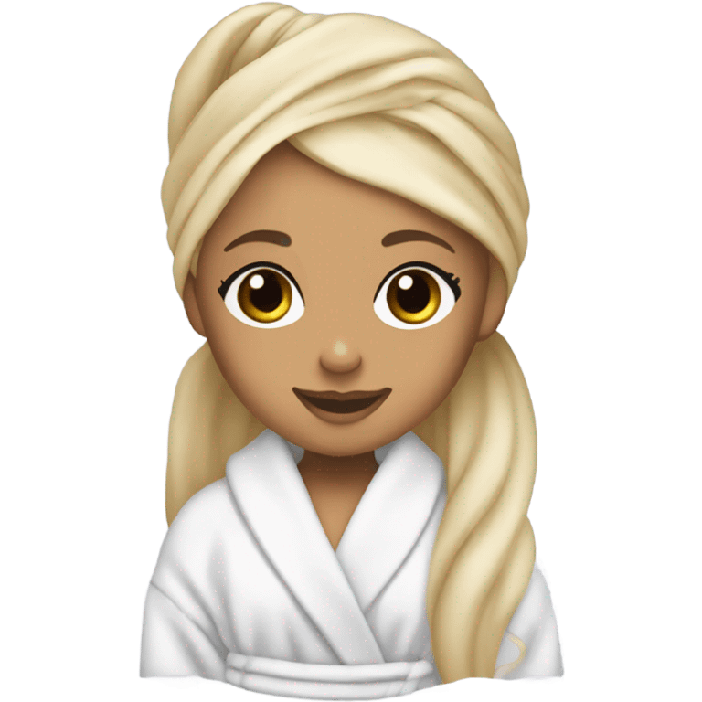 blonde ariana grande in bath robe with hair towel emoji