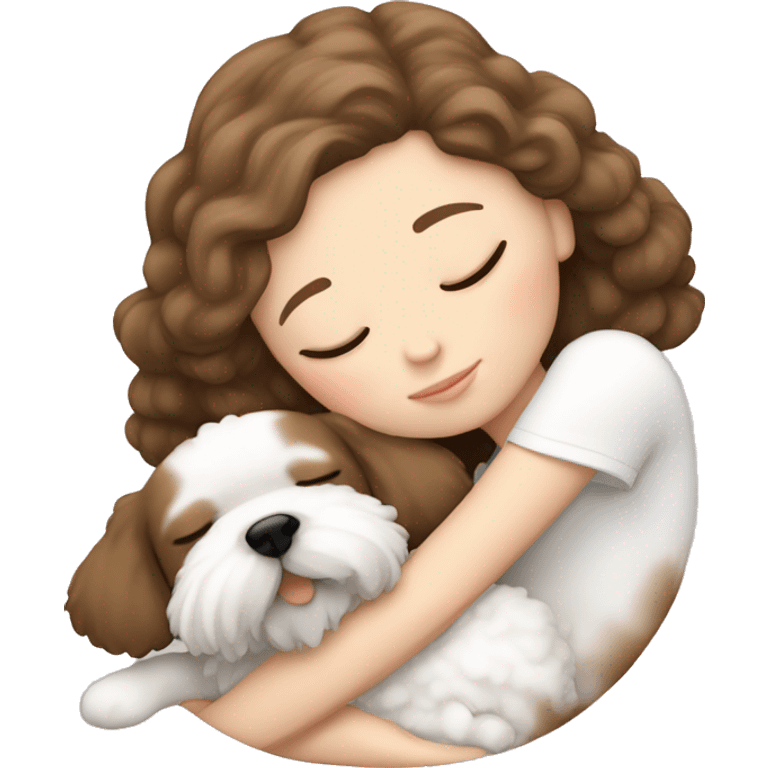 White girl brown hair sleeping with Mini Bichon emoji