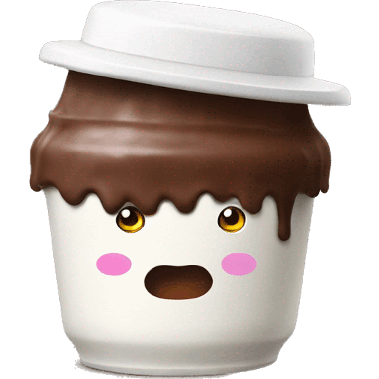 A chocolate yoghurt pot like danette with legs and arms that are white, and a funny hat emoji