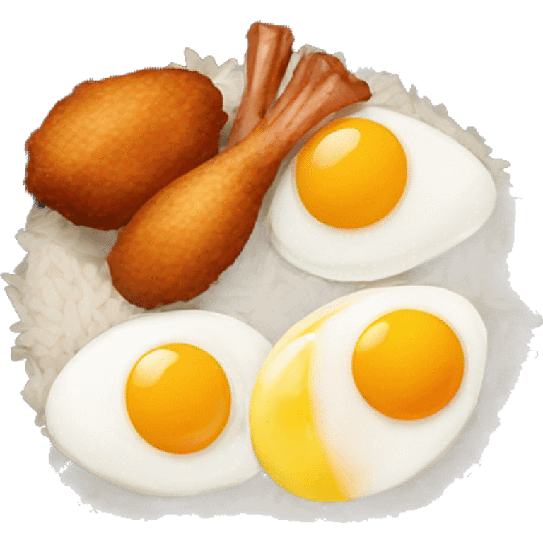 a bowl of rice with two eggs and two chicken drumstick on top emoji