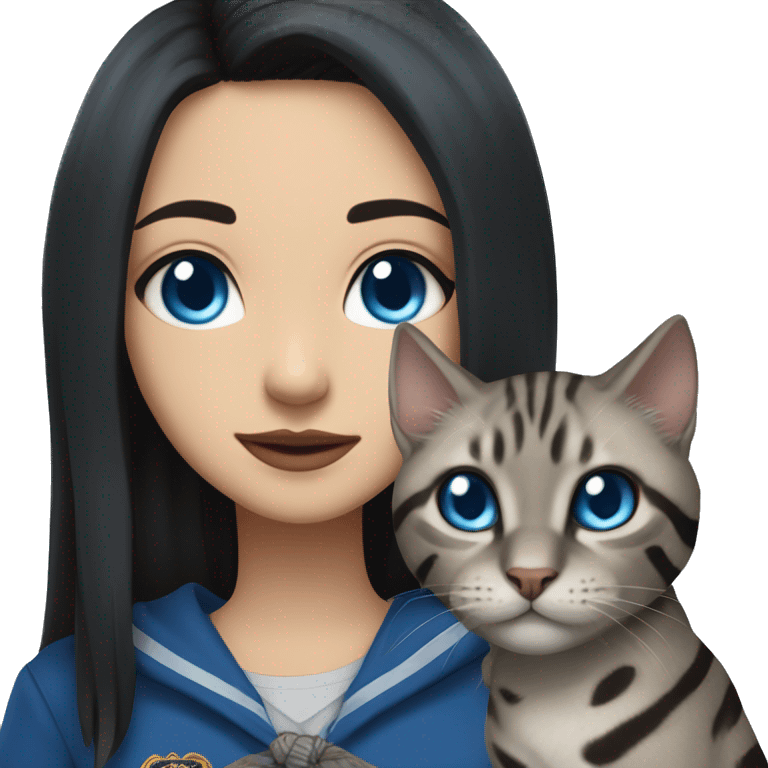 Girl with light skin and blue eyes, shoulder length streight black hair, wears a ravenclaw outfit, with a silver bengal cat holding in her arms emoji