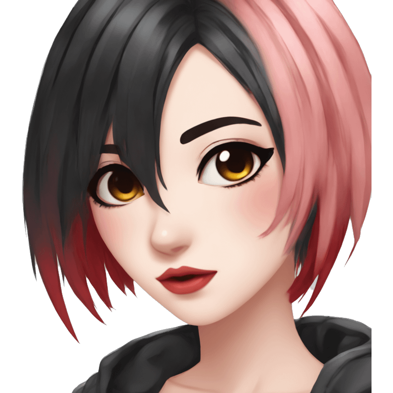 Gorgeous anime style lady with blushing face aesthetic and pretty edgy black red punk hair with hair garment trending style emoji