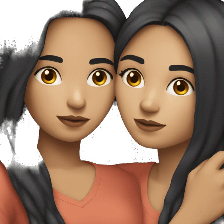 A lesbian couple with white skin and long black hair hugging intimately emoji