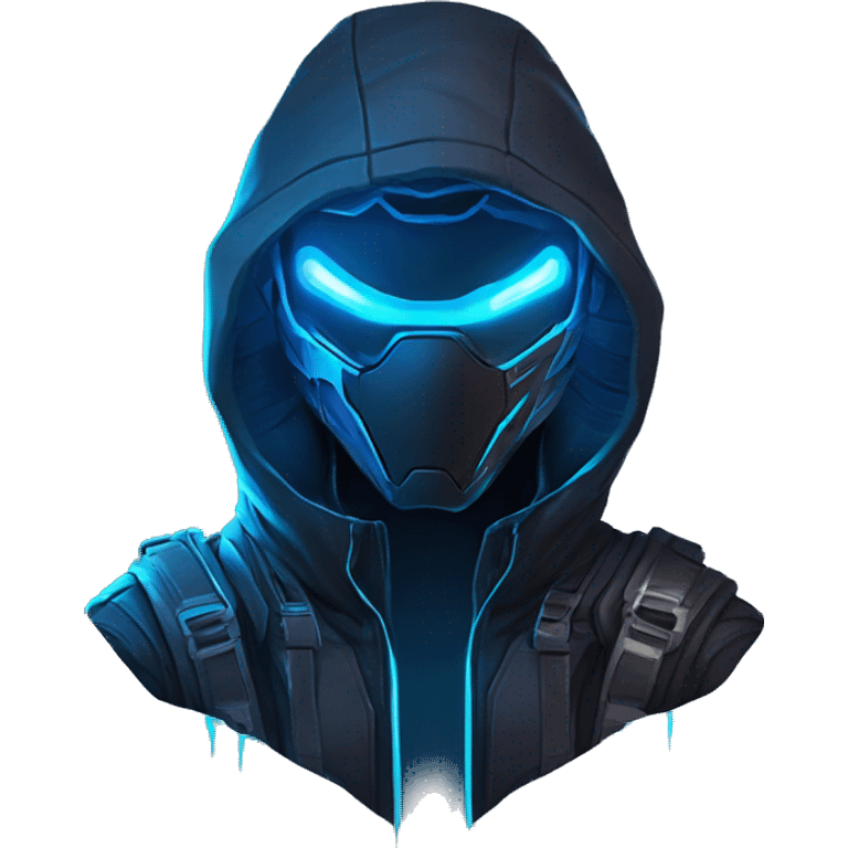 developer behind his laptop with this style : crysis Cyberpunk Valorant neon glowing bright blue character blue black hooded assassin themed character emoji