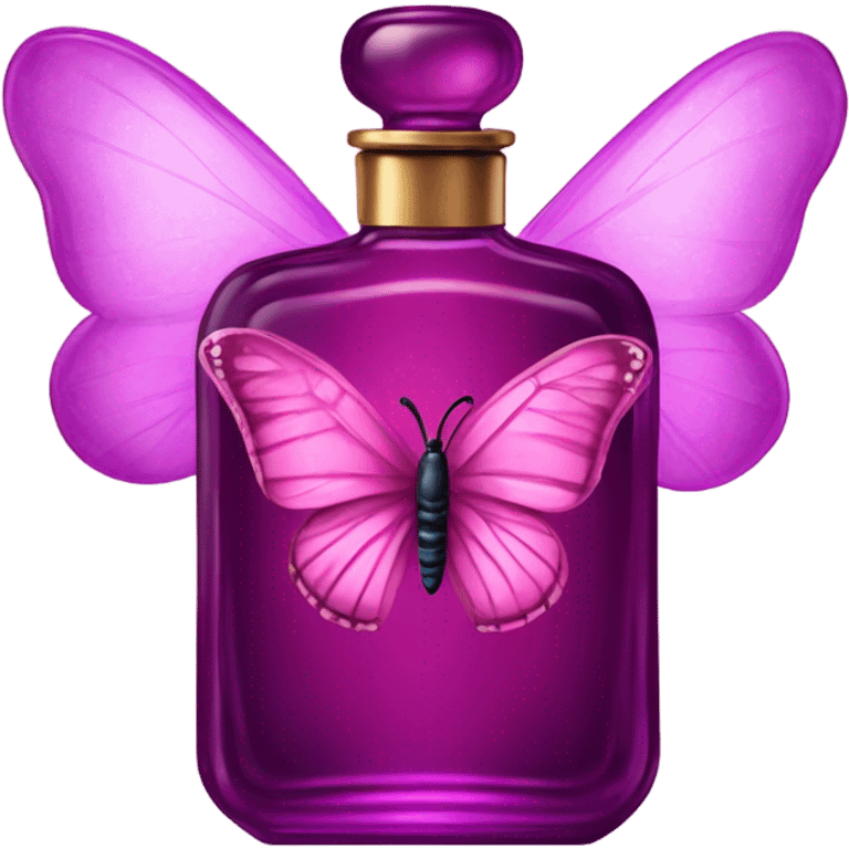 A dreamy vintage perfume bottle in dark pink, adorned with delicate violet butterfly wings. emoji