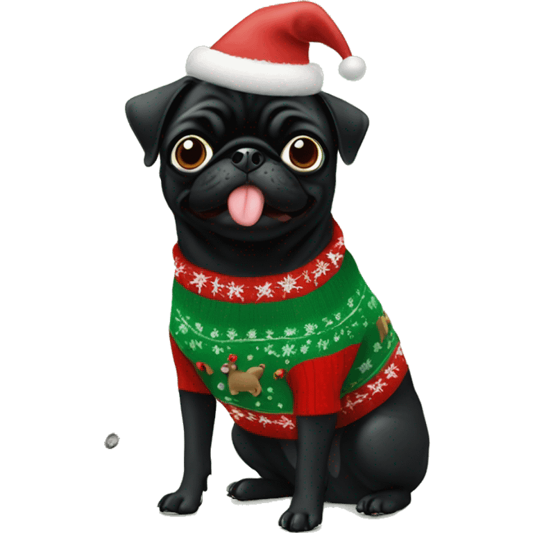 Black pug in Christmas tree sweater with mouthful of treats emoji