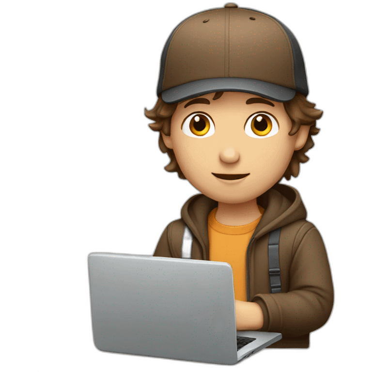 Boy with brown hair and cap with laptop emoji