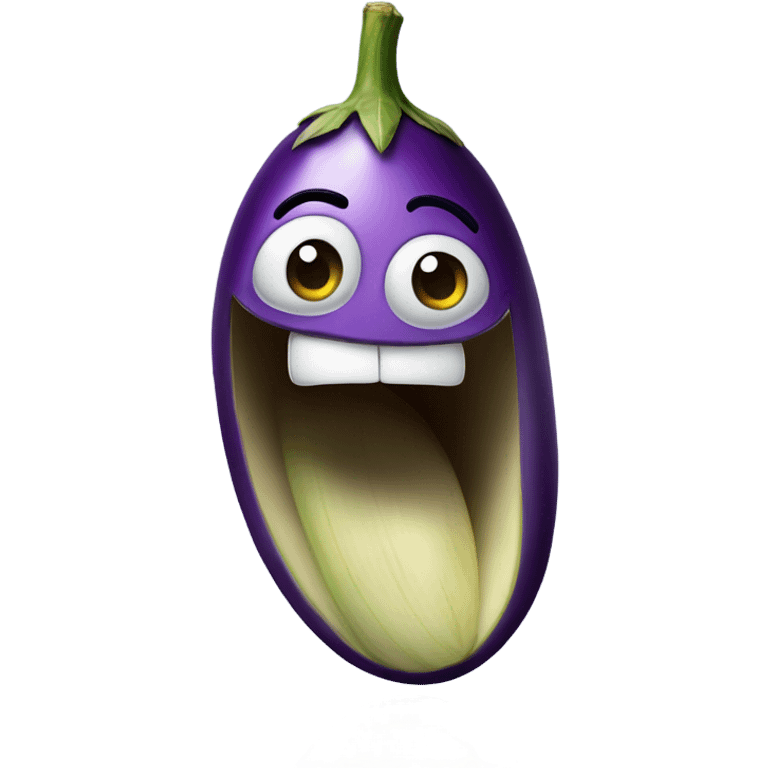 Create an emoji that looks exhausted but happy holding an eggplant with large veins on it that is squirting water from the top emoji