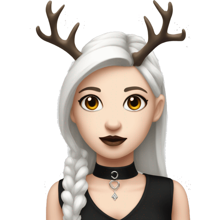 Portrait. Goth deer girl in a black sleeveless dress with a choker. White antlers with deer ears.  emoji