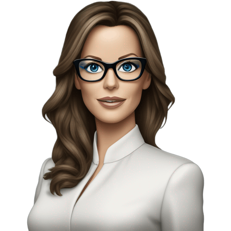 Elegant classy photo Kate Beckinsale blue eyes wearing glasses in a business meeting high fashion  emoji