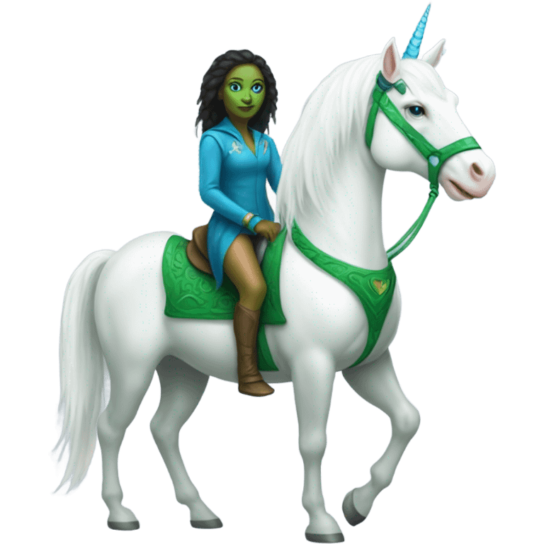 [(a green amazon alien woman with blue eyes) on a (four-legged white unicorn)] emoji