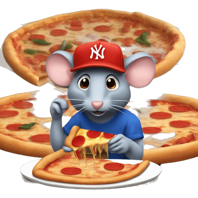 rat wearing blue New York yankee cap while eating a big pizza emoji