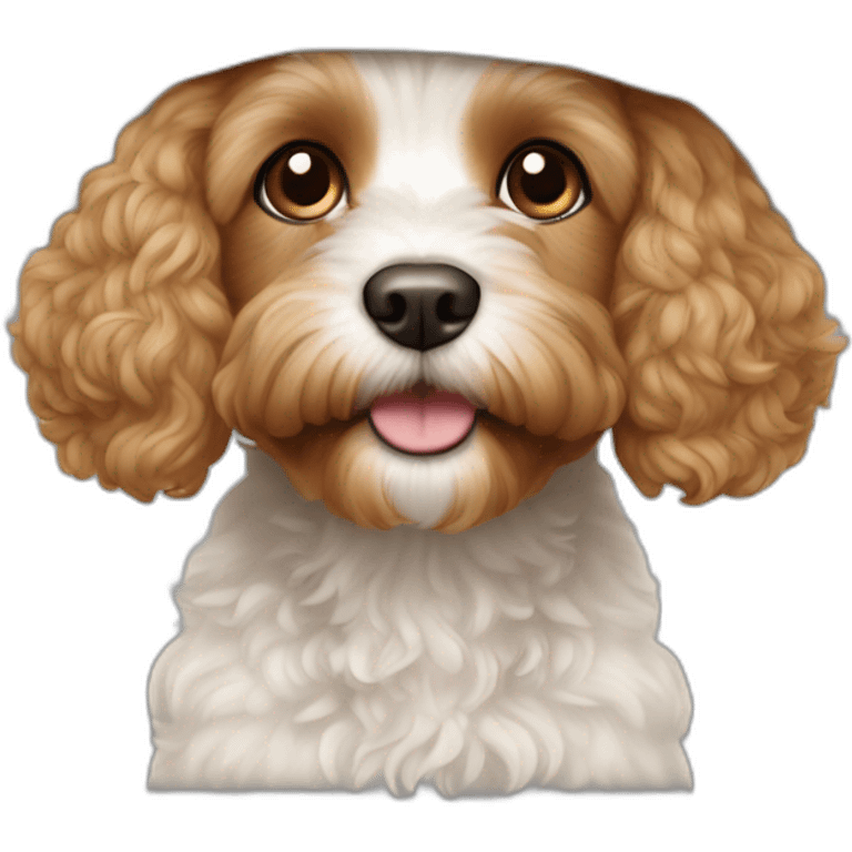 White cavapoo with light brown ears wearing a hat emoji