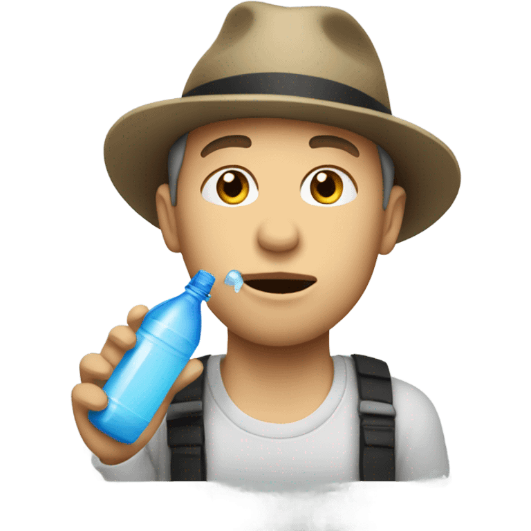 White guy in hat drinking water bottle emoji