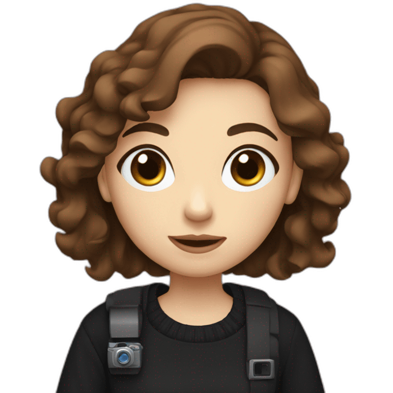 girl with short wavy brown hair, blue eyes, wearing a black sweater, holding a videocamera emoji