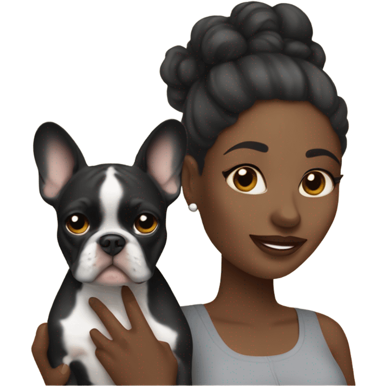 Black woman holding Merle French bulldog  emoji