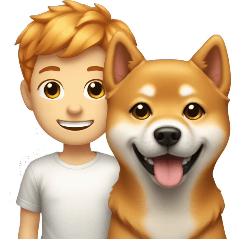 Golden Ginger boy 12 y o smiling with dog shiba inu  emoji