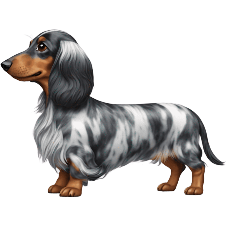 A long-haired marble dachshund stands emoji